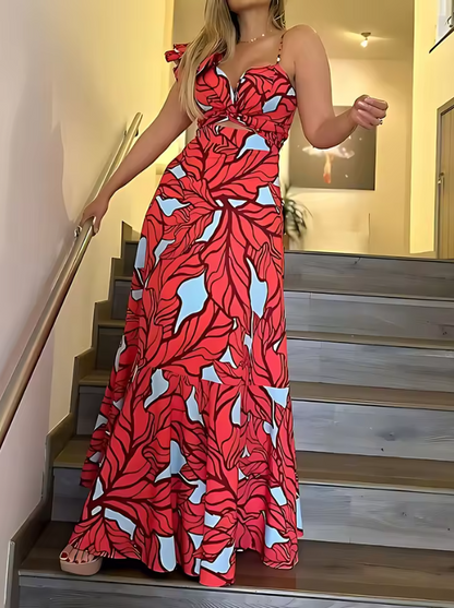Floral Print High-Waisted Spaghetti Strap Cut-Out Maxi Dress