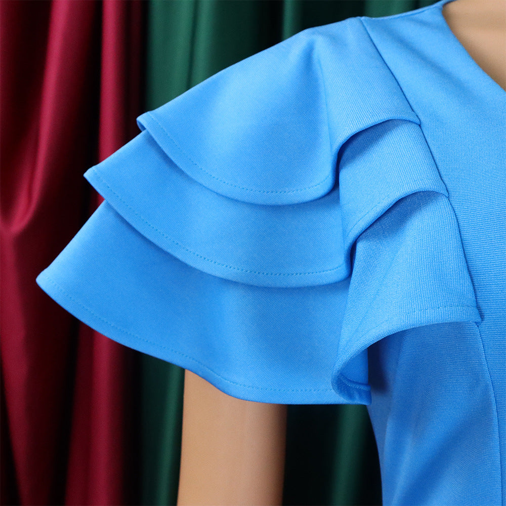 Square Neck Ruffled Short-Sleeve Bodycon Dress