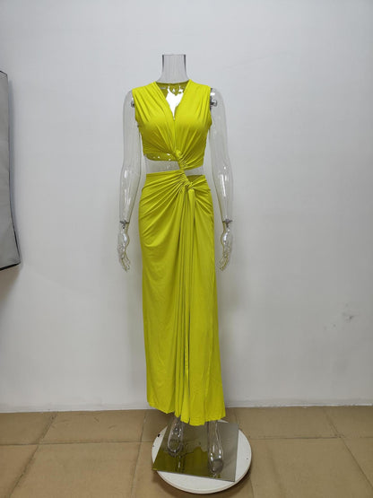 Cut-Out Knot V-Neck Sleeveless Pleated Asymmetrical Slit Dress