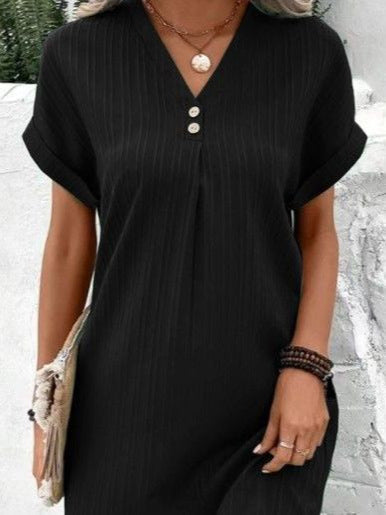 V-Neck Short Sleeve Solid Pullover Button Dress
