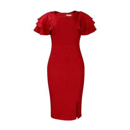 Square Neck Ruffled Short-Sleeve Bodycon Dress