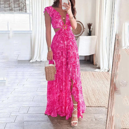 V-Neck Floral Print Cut-Out Slit Dress